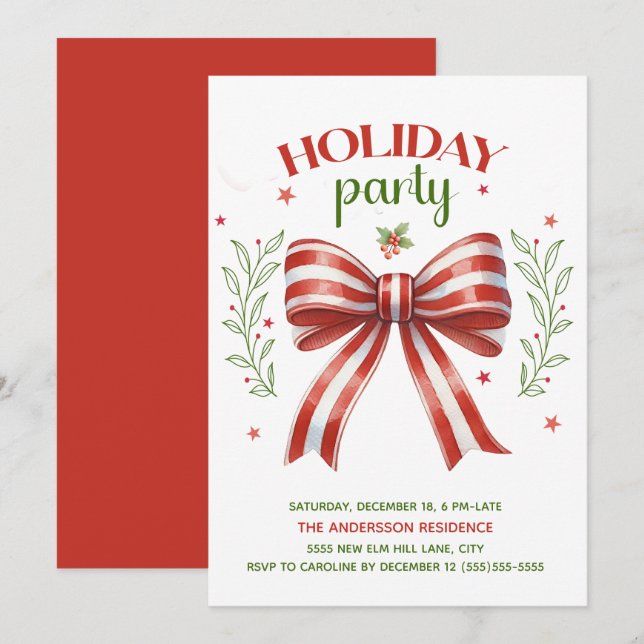 Red White Green Coquette Bow Holiday Party Invitation (Front/Back)