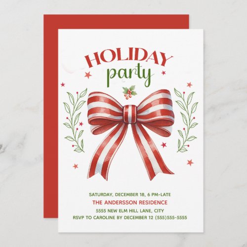 Red White Green Coquette Bow Holiday Party Invitation