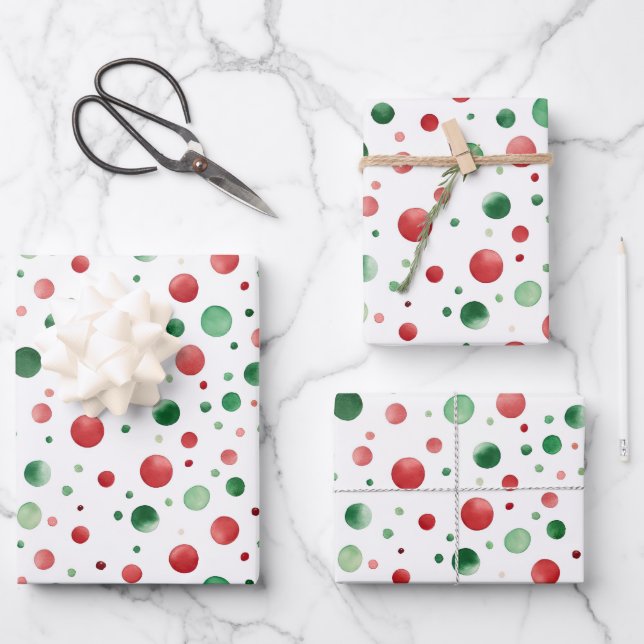 Red White Green Dots Birthday Wrapping Paper Sheets (Front)