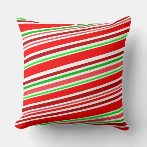 Red White Green Festive Cheerful Bold Candy Stripe Throw Pillow