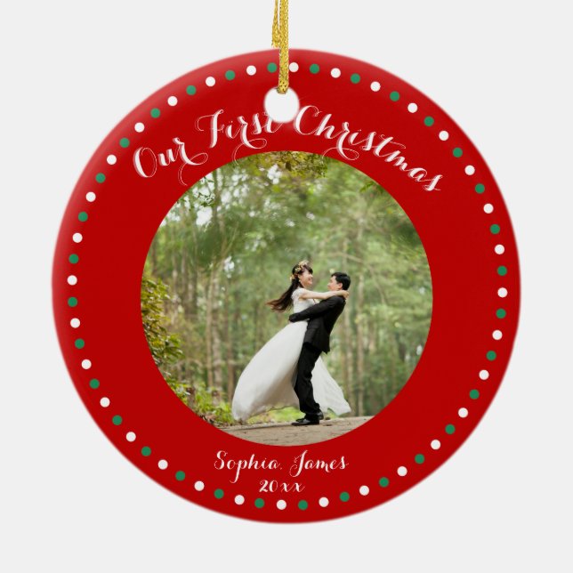 Red White Green First Married Christmas Ornament (Back)