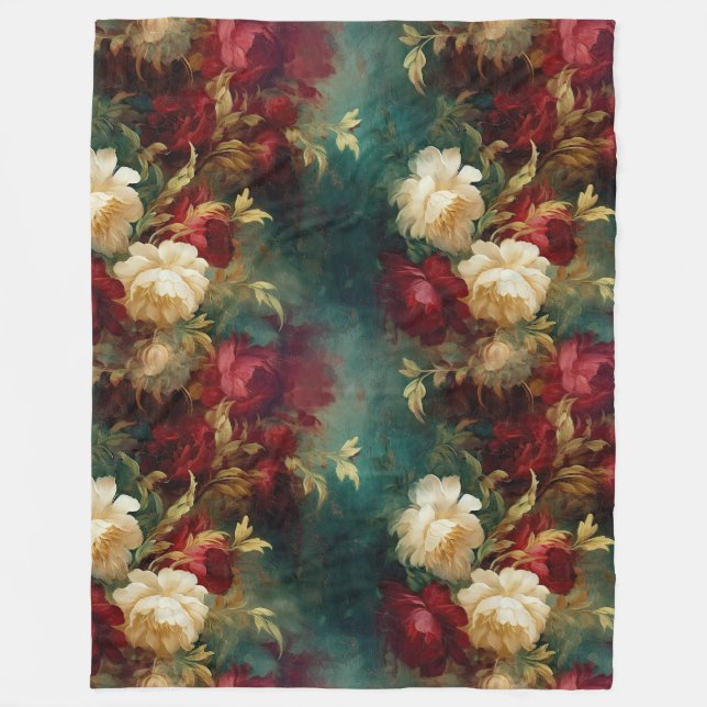 Red White Green Flowers Fleece Blanket (Front)