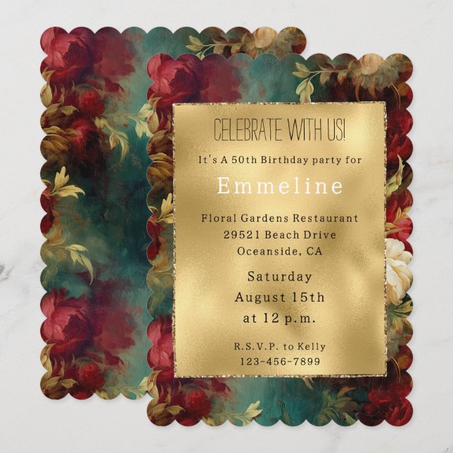 Red White Green Flowers Invitation (Front/Back)