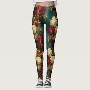 Red White Green Flowers Leggings