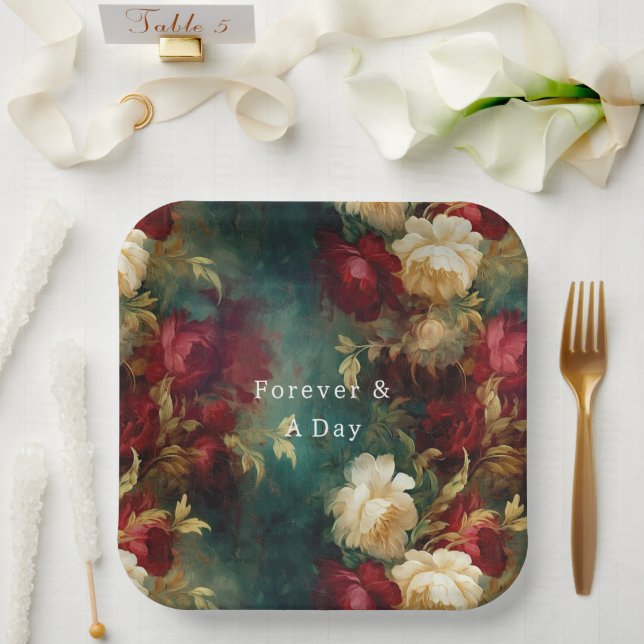 Red White Green Flowers Paper Plates (Wedding)