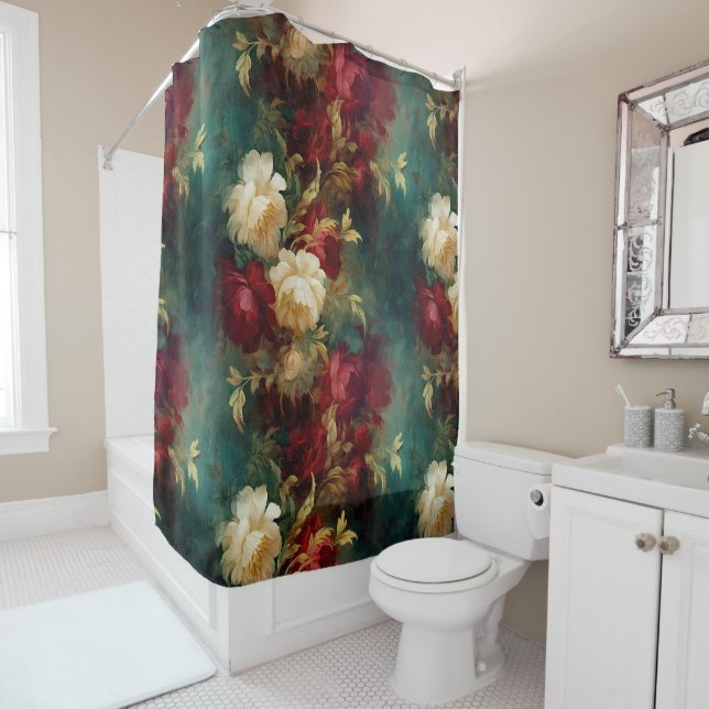 Red White Green Flowers Shower Curtain (In Situ)
