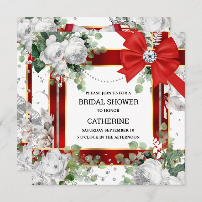 Red white green glitter bow diamond elegant chic invitation (Front/Back)