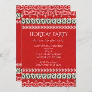 Red White & Green Lace Elegant Holiday Party Invitation