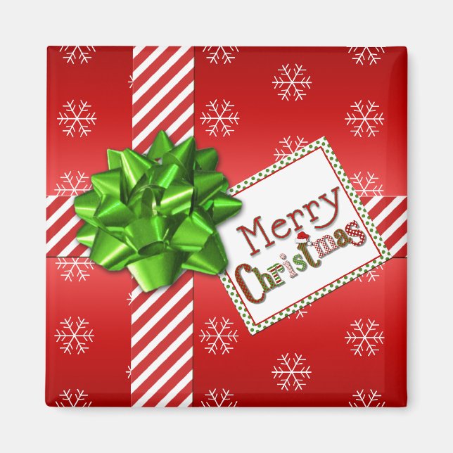 Red White Green Merry Christmas Snowflakes Magnet (Front)