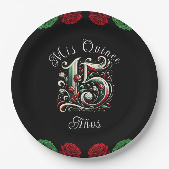 Red White Green Mis Quince Anos 15 Quinceañera Paper Plates (Front)