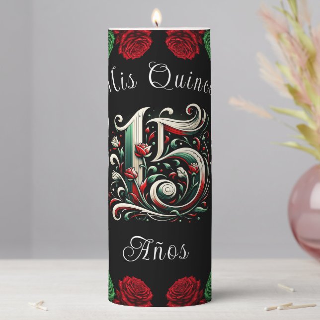 Red White Green Mis Quince Anos 15 Quinceañera Pillar Candle (In Situ)