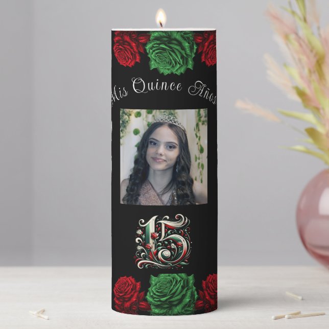 Red White Green Mis Quince Anos 15 Quinceañera Pillar Candle (In Situ)