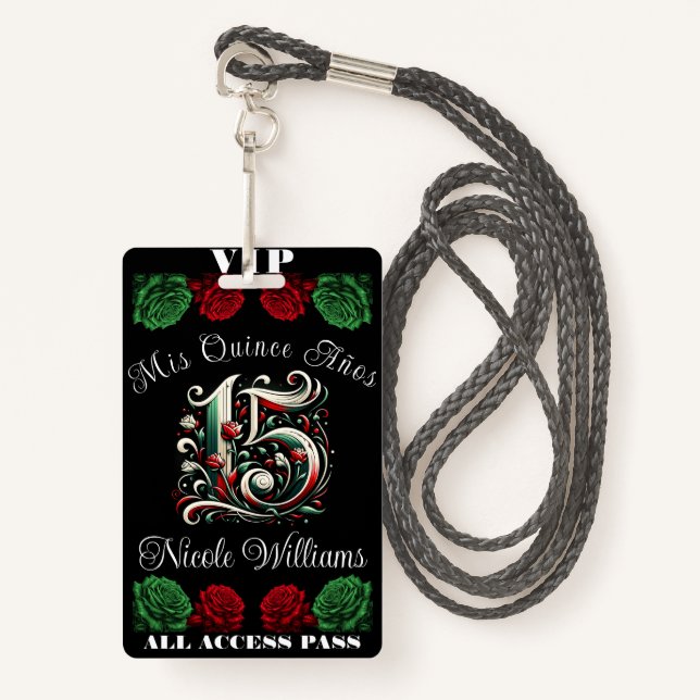 Red White Green Mis Quince Anos 15 Quinceañera VIP Badge (Front with Lanyard)