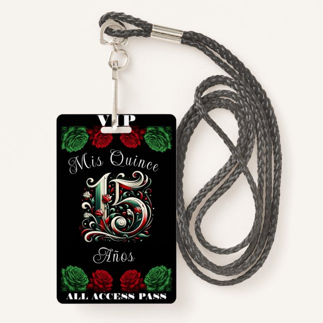 Red White Green Mis Quince Anos 15 Quinceañera VIP Badge (Front with Lanyard)