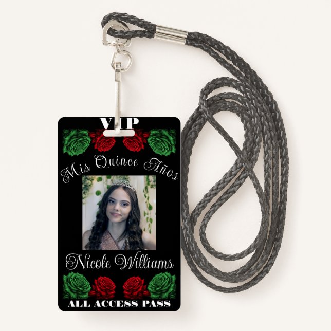 Red White Green Mis Quince Anos 15 Quinceañera VIP Badge (Front with Lanyard)