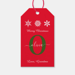 Red White Green Monogram Script Merry Christmas Gift Tags