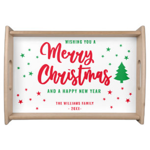 Red White Green Non Photo Family Merry Christmas Serving Tray