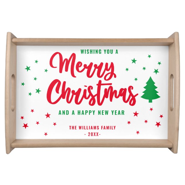 Red White Green Non Photo Family Merry Christmas Serving Tray (Front)