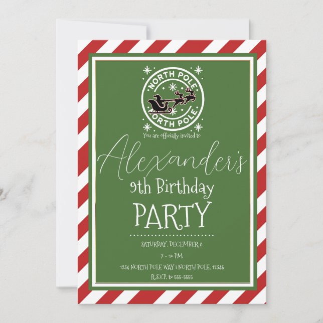 Red White Green North Pole Holiday Birthday Party Invitation (Front)