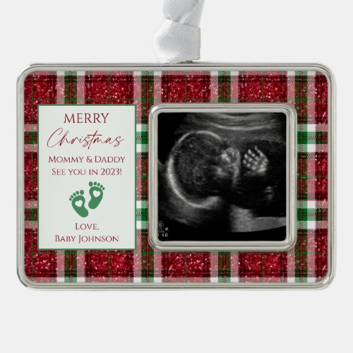 Red White  Green Plaid New Baby Ultrasound Photo Christmas Ornament