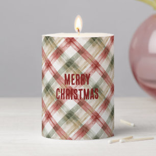 Red White Green Plaid Stripes Christmas Pillar Candle
