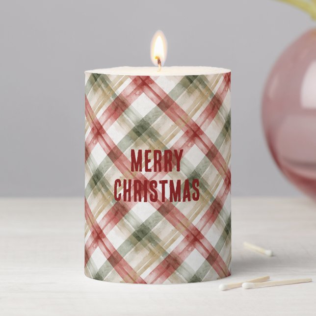 Red White Green Plaid Stripes Christmas Pillar Candle (In Situ)