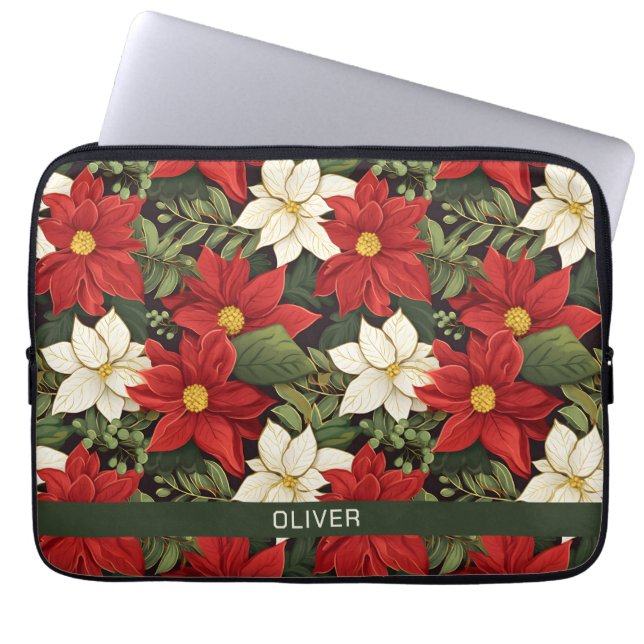 Red White Green Poinsettia Flowers Pattern Name Laptop Sleeve (Front)