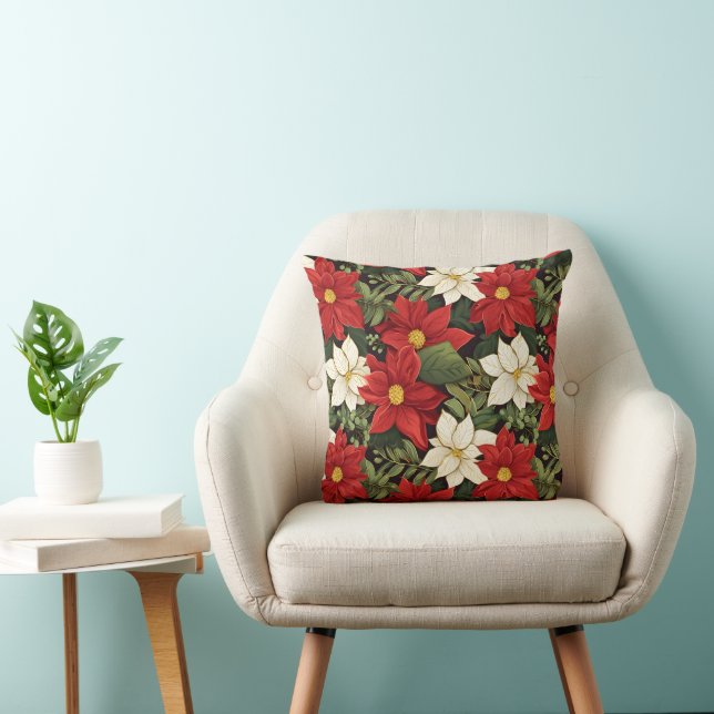 Red White Green Poinsettia Flowers Pattern Throw Pillow (Chair)
