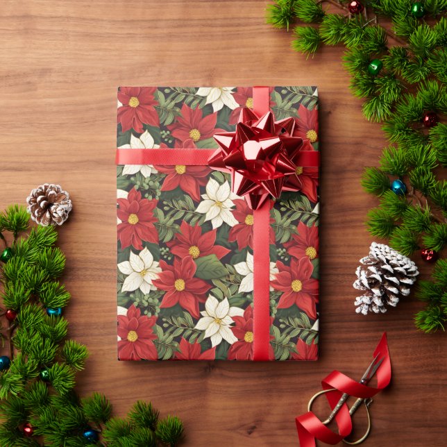 Red White Green Poinsettia Flowers Pattern Wrapping Paper (Holiday Gift)
