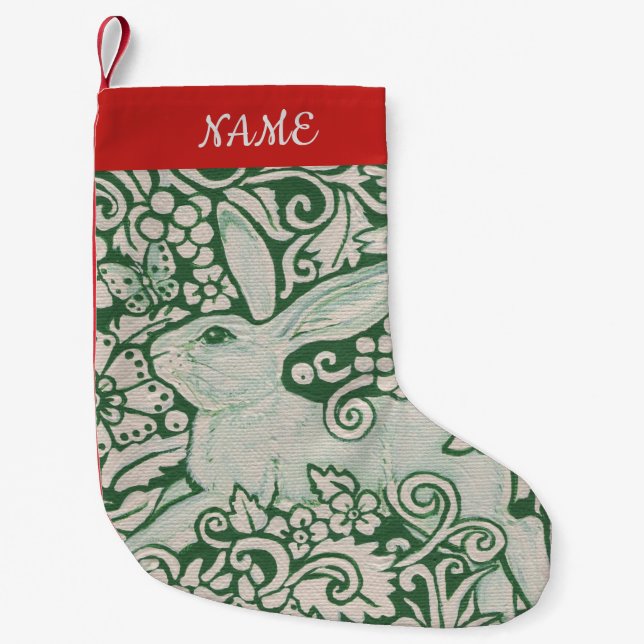 Red White Green Rabbit Stocking Personalize Folk (Front)