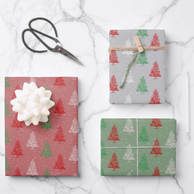 Red White Green Small Christmas Trees Forest Wrapp Wrapping Paper Sheets (Front)