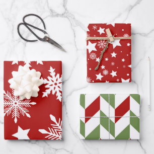 RED WHITE GREEN SNOWFLAKES STARS STRIPES WRAPPING PAPER SHEETS