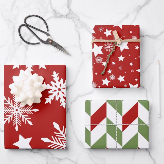 RED WHITE GREEN SNOWFLAKES STARS STRIPES WRAPPING PAPER SHEETS (Front)