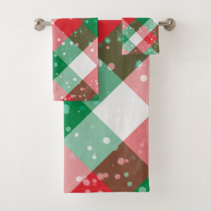 Red White Green Spotty Checkered Christmas Pattern Bath Towel Set