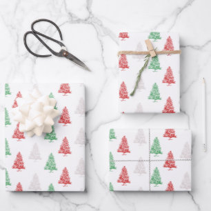 Red White Green Stamped Small Christmas Trees Wrapping Paper Sheets