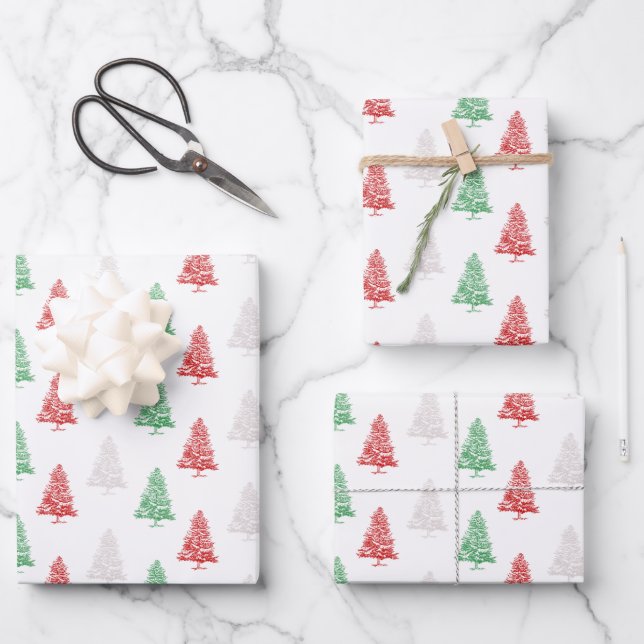 Red White Green Stamped Small Christmas Trees Wrapping Paper Sheets (Front)