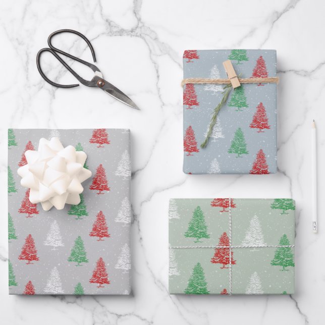 Red White Green Stamped Snowy Christmas Trees Wrapping Paper Sheets (Front)