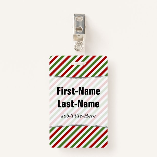 Red, White & Green Striped Pattern; Custom Name Badge (Front with Clip)