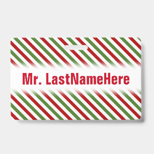 Red, White & Green Striped Pattern + Teacher Name Badge