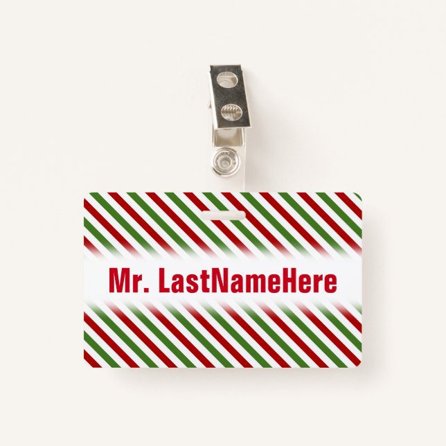 Red, White & Green Striped Pattern + Teacher Name Badge (Front with Clip)