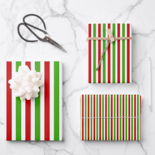 Red White Green Stripes Pattern Christmas Wrapping Paper Sheets