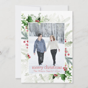 Red White Greenery Photo Merry Christmas Holiday Card