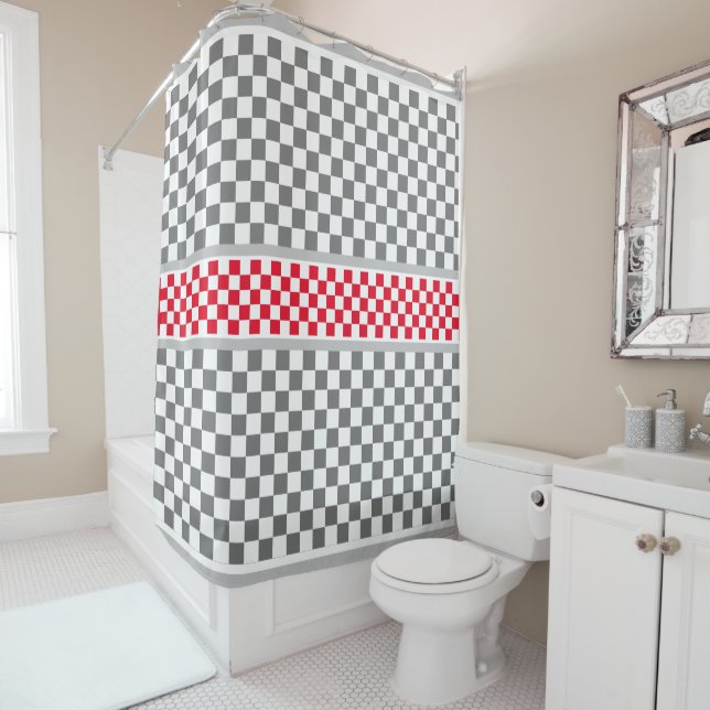 Red White Grey Checkered Shower Curtain (In Situ)
