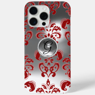 RED WHITE GREY DAMASK GEMSTONE MONOGRAM Floral iPhone 15 Pro Max Case