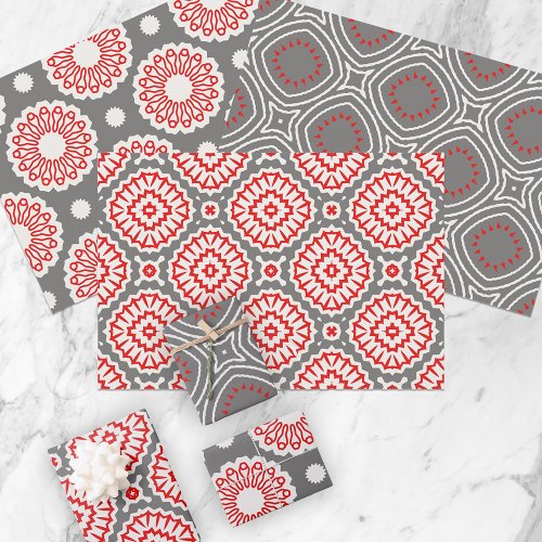 Red White Grey Ethnic Mosaic Geometric Patterns Wrapping Paper Sheets