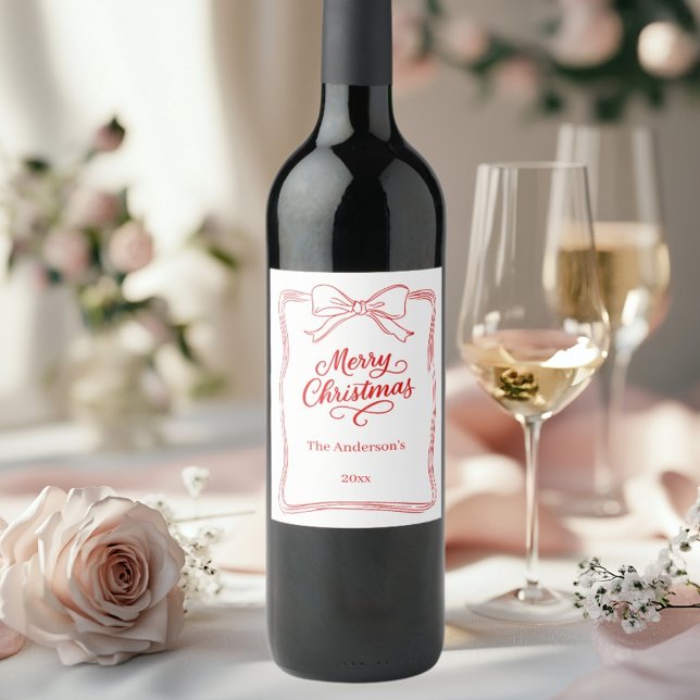 Red white hand-drawn bow Christmas Wine Label (Creator Uploaded)