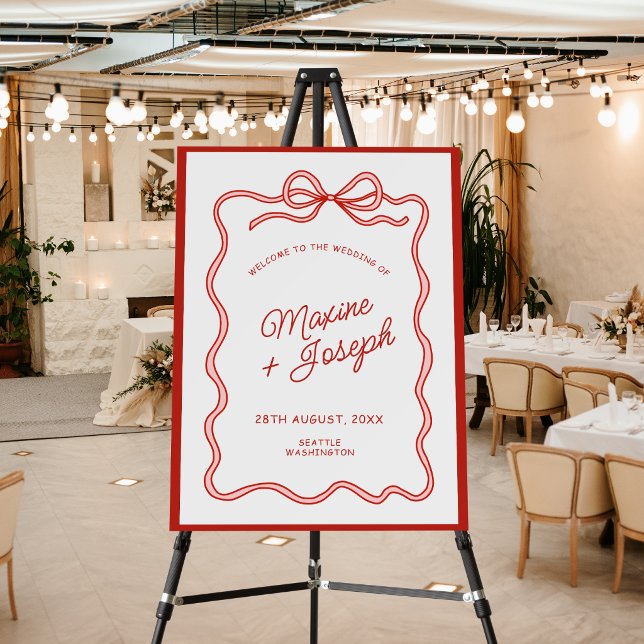 Red & White Hand Drawn Bow Wedding Welcome Sign (Red and white hand drawn bow wedding welcome sign creates a warm and elegant entrance.)