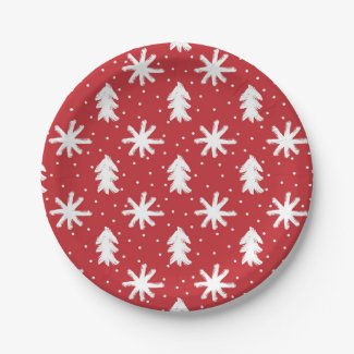 Red White Hand Drawn Christmas Tree Snowflakes