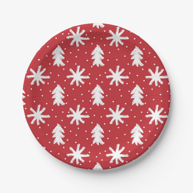 Red White Hand Drawn Christmas Tree Snowflakes Paper Plates (Front)