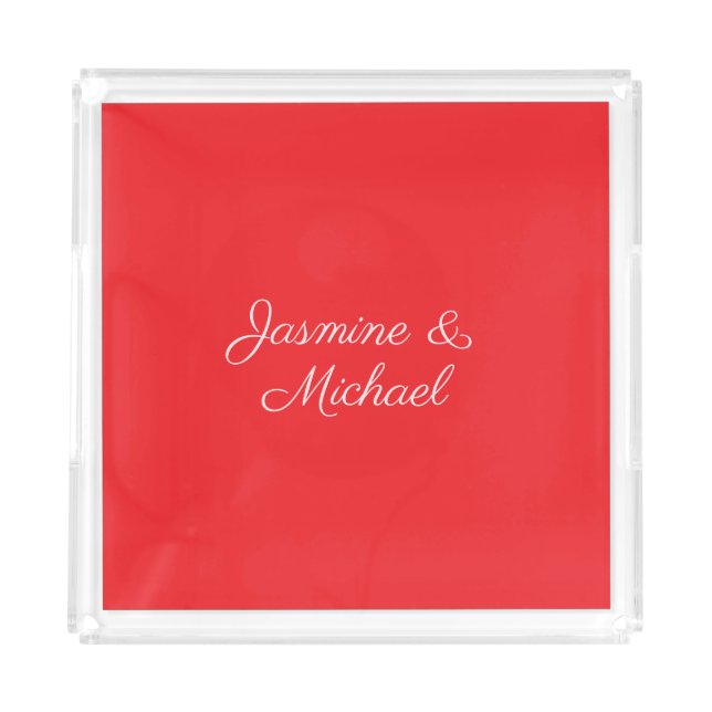Red & White Handwriting Couple Names Wedding Acrylic Tray (Front)